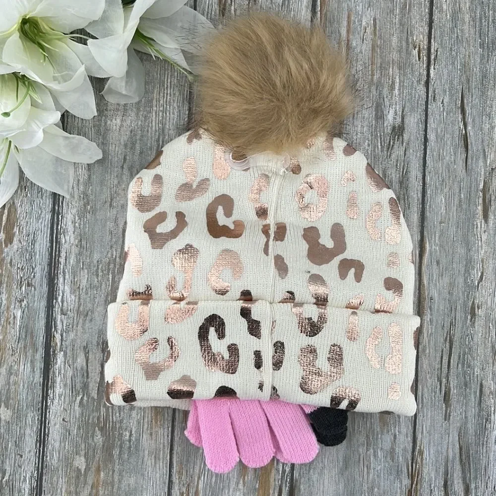 Girls Justice Ribbed & Full Print Winter Cozy Beanie and Gloves 2, 2-Piece Set